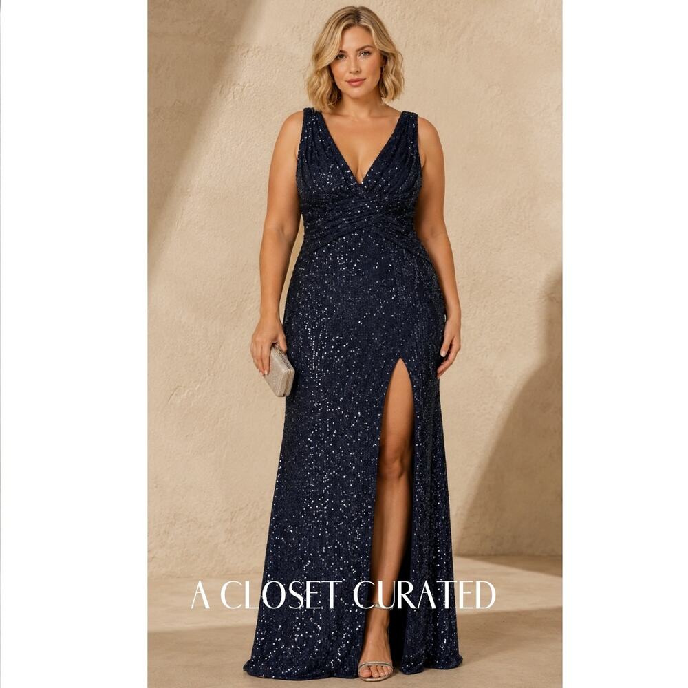 Mac Duggal V Neck Sequin Wrap Waist Gown 14 Blue NWT Style 26598